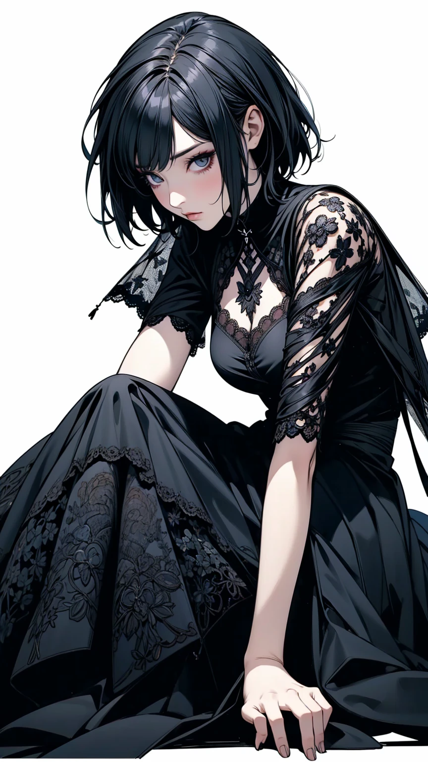 Angle from below, Woman sitting on the ground, Black asymmetrical short hair, Goth Fashion with Lace, White background:1.5, Anime Style, Simple lines, Digital Painting, (masterpiece, High resolution, Highest quality)