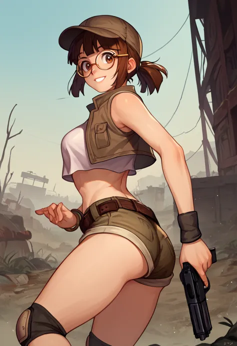 score_9, score_8_up, score_7_up, source_anime, fiogermi,1girl,fio germi, brown hair, glasses, medium hair, ponytail, brown eyes,...