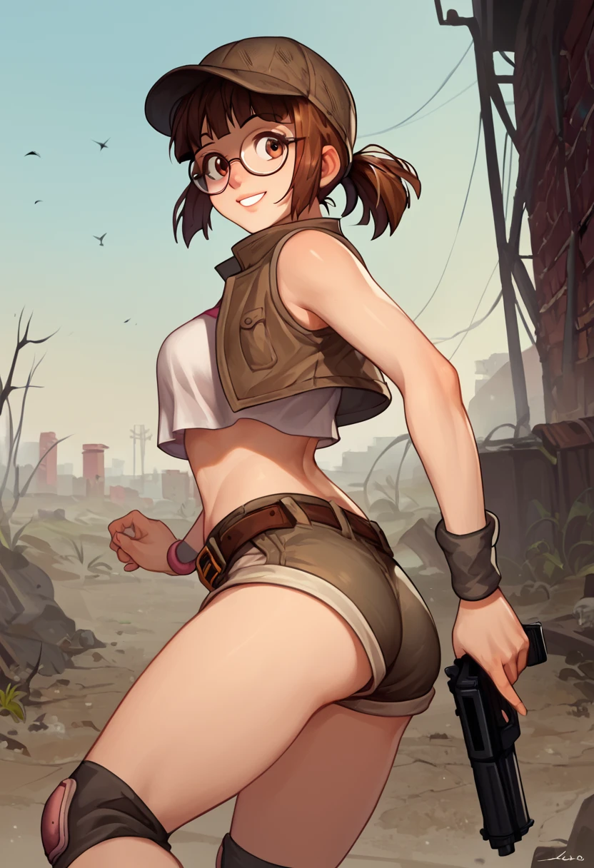 score_9, score_8_up, score_7_up, source_anime, fiogermi,1girl,fio germi, brown hair, glasses, medium hair, ponytail, brown eyes, crop top, hat, jacket, knee pads, shorts, sleeveless, navel, belt, outdoors, wasteland, gun, weapon, holding gun, smile,ass,looking at viewer, cowboy shot,dynamic pose, dutch angle, solo,behind view reloj metálico dorado o rosa 