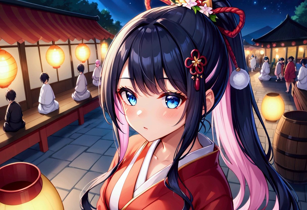 ponytail((Highest quality))、(masterpiece),(deep shadows)、,email, (１6 year old beautiful girl),(colored inner hair　black hair + pink inner hair),Flower-shaped hairpin,Big Barrel,eyes widen、(with star-shaped irises),BREAK　Blue eyes　BREAK aanazuna, ponytail, long hair, multicolored hair, undone clothing, off shoulder, kimono in focus with blurred background, in the Japanese festival, at dusk, from above, upper body, wide shot, wide-angle lens, warm lighting, moonlight, at night, at festival