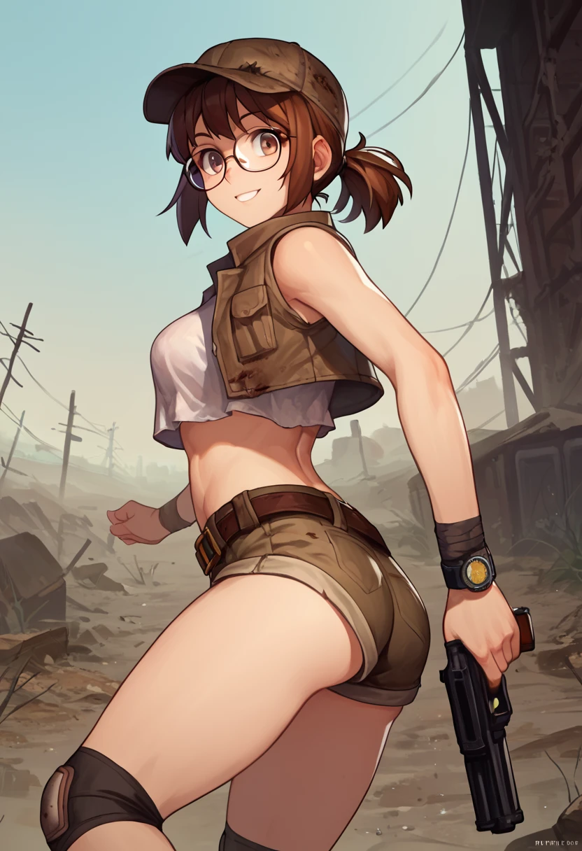 score_9, score_8_up, score_7_up, source_anime, fiogermi,1girl,fio germi, brown hair, glasses, medium hair, ponytail, brown eyes, crop top, hat, jacket, knee pads, shorts, sleeveless, navel, belt, outdoors, wasteland, gun, weapon, holding gun, smile,ass,looking at viewer, cowboy shot,dynamic pose, dutch angle, solo,behind view Wristwatch Gold or pink 