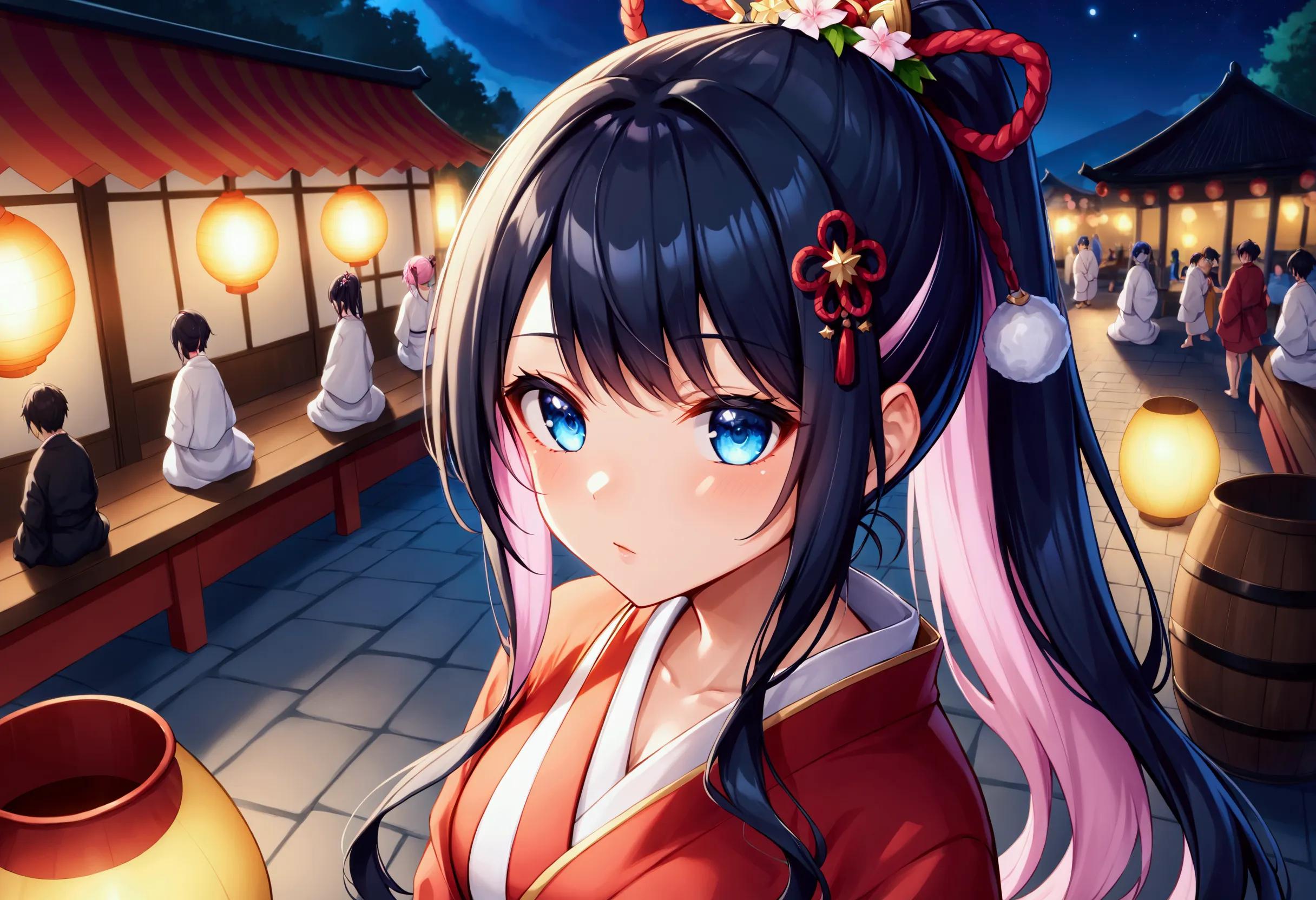 ponytail((highest quality))、(masterpiece),(deep shadows)、,email, (１6 year old beautiful girl),(colored inner hair　black hair + p...