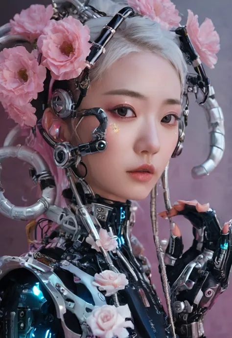 an extraordinarily detailed close-up portrait of an android-human hybrid k-pop idol, showcasing her striking skell cyberpunk app...