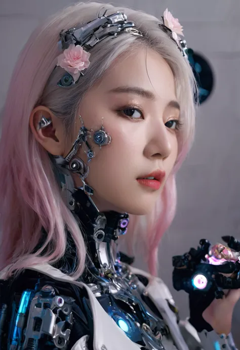 an extraordinarily detailed close-up portrait of an android-human hybrid k-pop idol, showcasing her striking skell cyberpunk app...