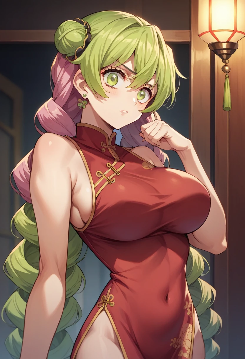 ((Best quality)), ((Masterpiece)), (Details), 1girl, Big breasts, tall, long hair, cheongsam, (Red tight cheongsam), Kanroji Mitsuri, 