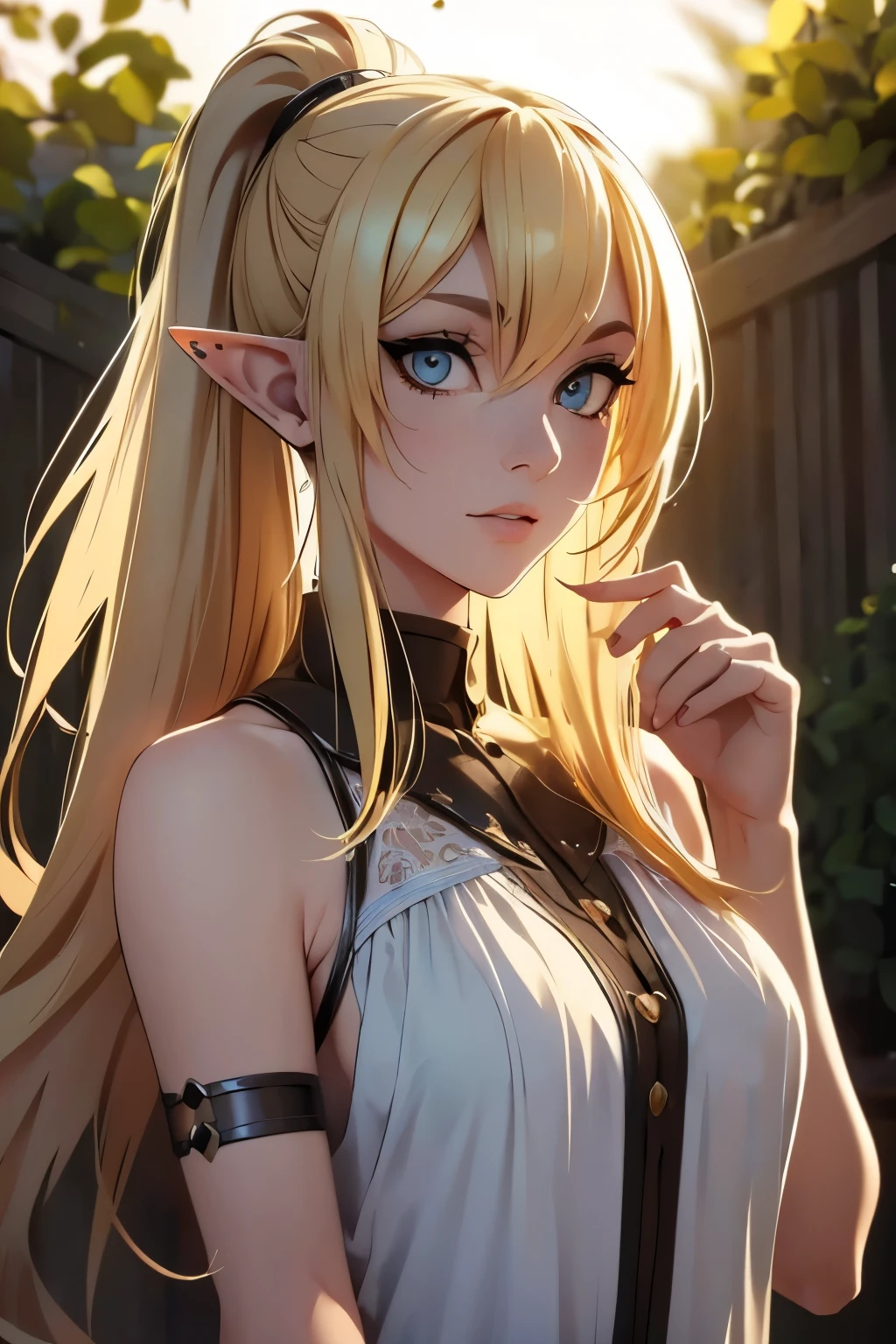 blonde haired elf, ((long_elegant_elf_ears)), (8k,highres,masterpiece:1.2),ultra-detailed,(realistic,photo-realistic:1.47),((slender)) ((crisp, realistic, golden eyes)), hi-def painting, elf with red_hair ((blonde messy ponytail hair)),Xaya with extremely detailed facial features, beautiful elf with intricate accessories and animal ears, ((by sciamano240)) ((loose_pajama_top)) ((loose_pajamas)) ((eye_fix)) ((perfect_golden_eyes)) ((perfect_small_chest))