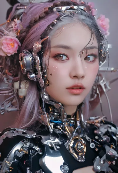 an extraordinarily detailed close-up portrait of an android-human hybrid k-pop idol, showcasing her striking skell cyberpunk app...