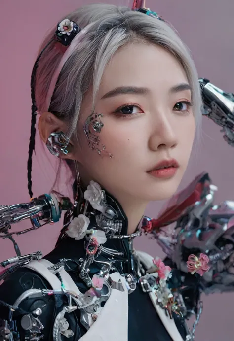 an extraordinarily detailed close-up portrait of an android-human hybrid k-pop idol, showcasing her striking skell cyberpunk app...