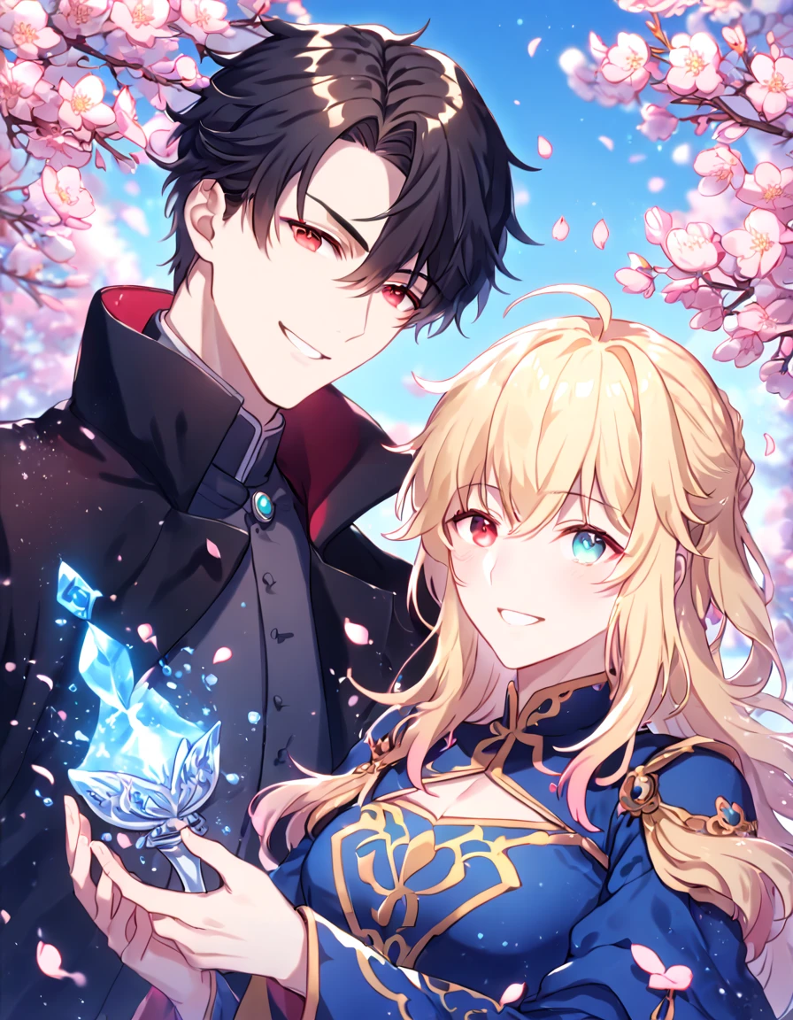 absurdres, highres, ultra detailed, HDR, master piece, best quality, extremely detailed face, delicated features, Xue Yu, black hair, expressive red eyes, Fate Grand Order, Artoria Pendragon, blonde hair, expressive turquoise eyes, a handsome man together with a beautiful woman, couple, smiling, blue dress, black coat, fantasy, magical, cherry blossoms, pink flowers, pink birds, pink petals, water, crystal glass, blue sky