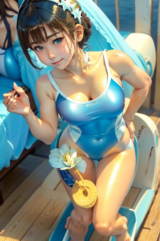 stand with feet apart、 Amazingly cute anime, Highest quality、ウルトラ - High resolution、High resolution、Detailed CG、8K Unit Wallpaper、、Beautiful and detailed、(((Super shiny white and light blue swimsuit ,)))、Beautiful sea、Sexy standing pose、Safe work, Small breasts, Mischievous Smile
