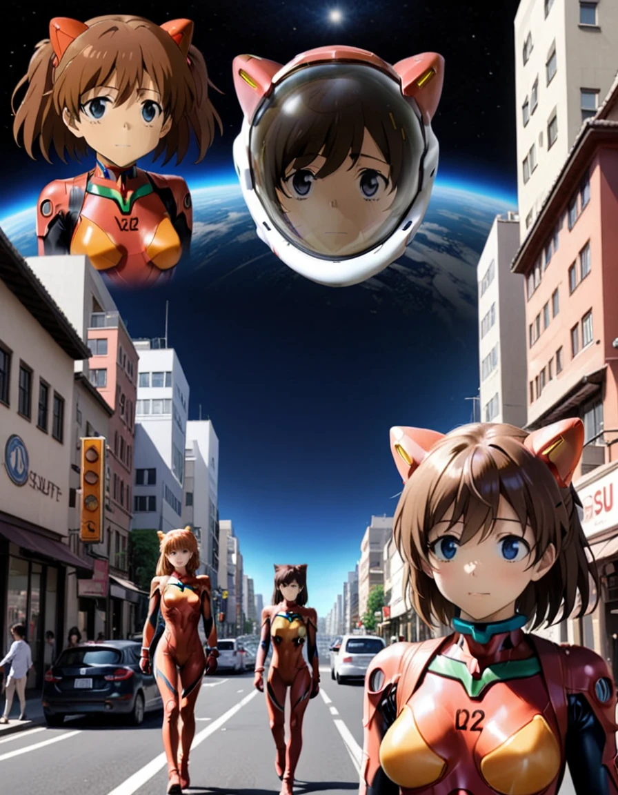 plugsuit, red bodysuit,evangelion,red helmet, space helme, short hair, walk,,asuka langley soryu,hort hair, bangs, blue eyes, brown hair, bodysuit, pilot suit, plugsuit, (red bodysuit:1.5, space helmet, cat ears, city, road, upper bod