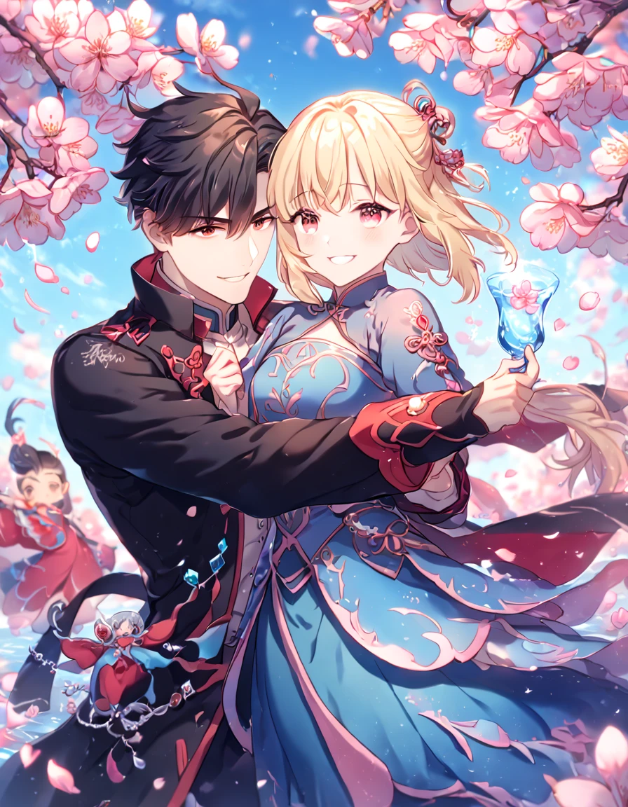 absurdres, highres, ultra detailed, HDR, master piece, best quality, extremely detailed face, delicated features, Xue Yu, black hair, expressive red eyes, Fate Stay Night, Saber, blonde hair, expressive turquoise eyes, a handsome man together with a beautiful woman, couple, smiling, blue dress, black coat, fantasy, magical, cherry blossoms, pink flowers, pink birds, pink petals, water, crystal glass, blue sky