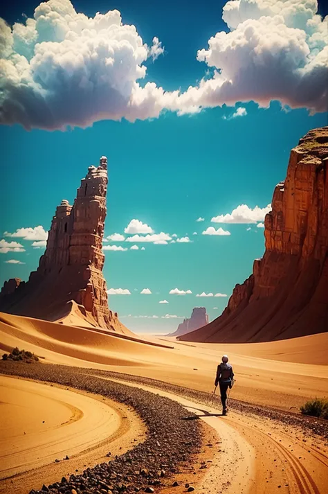 there is a man walking on a dirt road, leaving a desert place and going to a place with green pastures and beautiful blue sky, h...