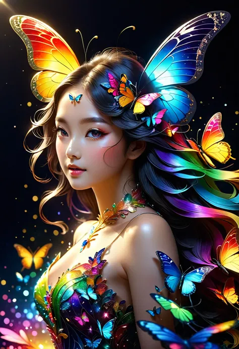 暗闇の中を羽ばたくbutterfly々shine、beautiful, like a dream、touched my heart.,butterfly々:rainbow:seven colors:shine:shine,dark background,f...