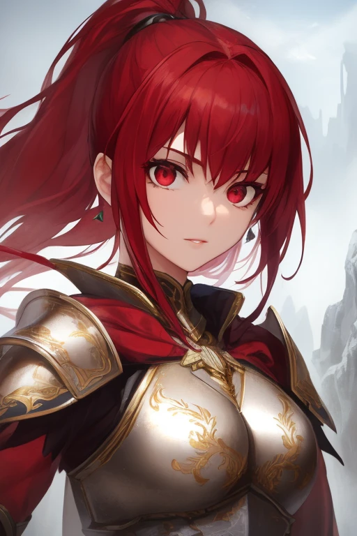 beautiful female warrior, beautiful armor, face detailed, detailedeyes, Ruby Red Eyes, Red hair, beautiful background scenery.