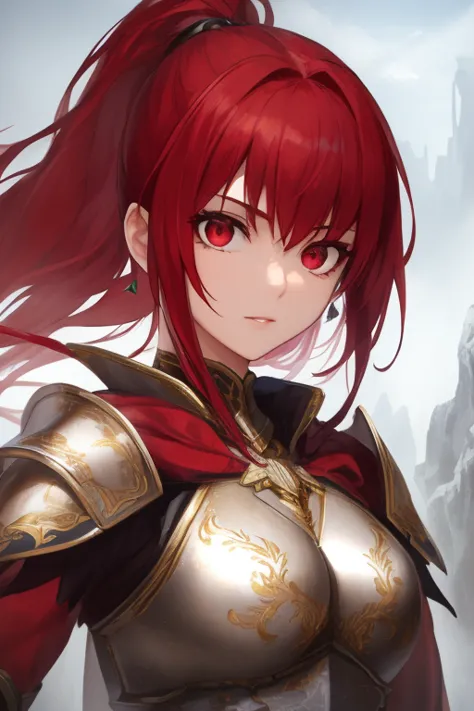 beautiful female warrior, beautiful armor, face detailed, detailedeyes, ruby red eyes, red hair, beautiful background scenery.