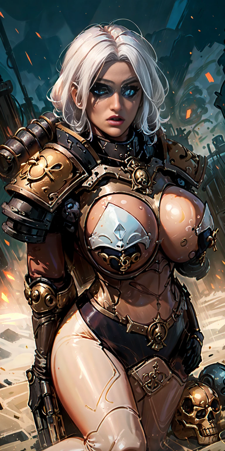 (masterpiece:1.2), (best quality:1.2), perfect eyes, perfect face, perfect lighting,(( inflatable sexdoll )) , mature bigbreastplate whore Sororitas with bolter gun in hands, blindfolded cover eyes, white hair, skulls on the ground, warhammer 40k, detailed battlefield background
