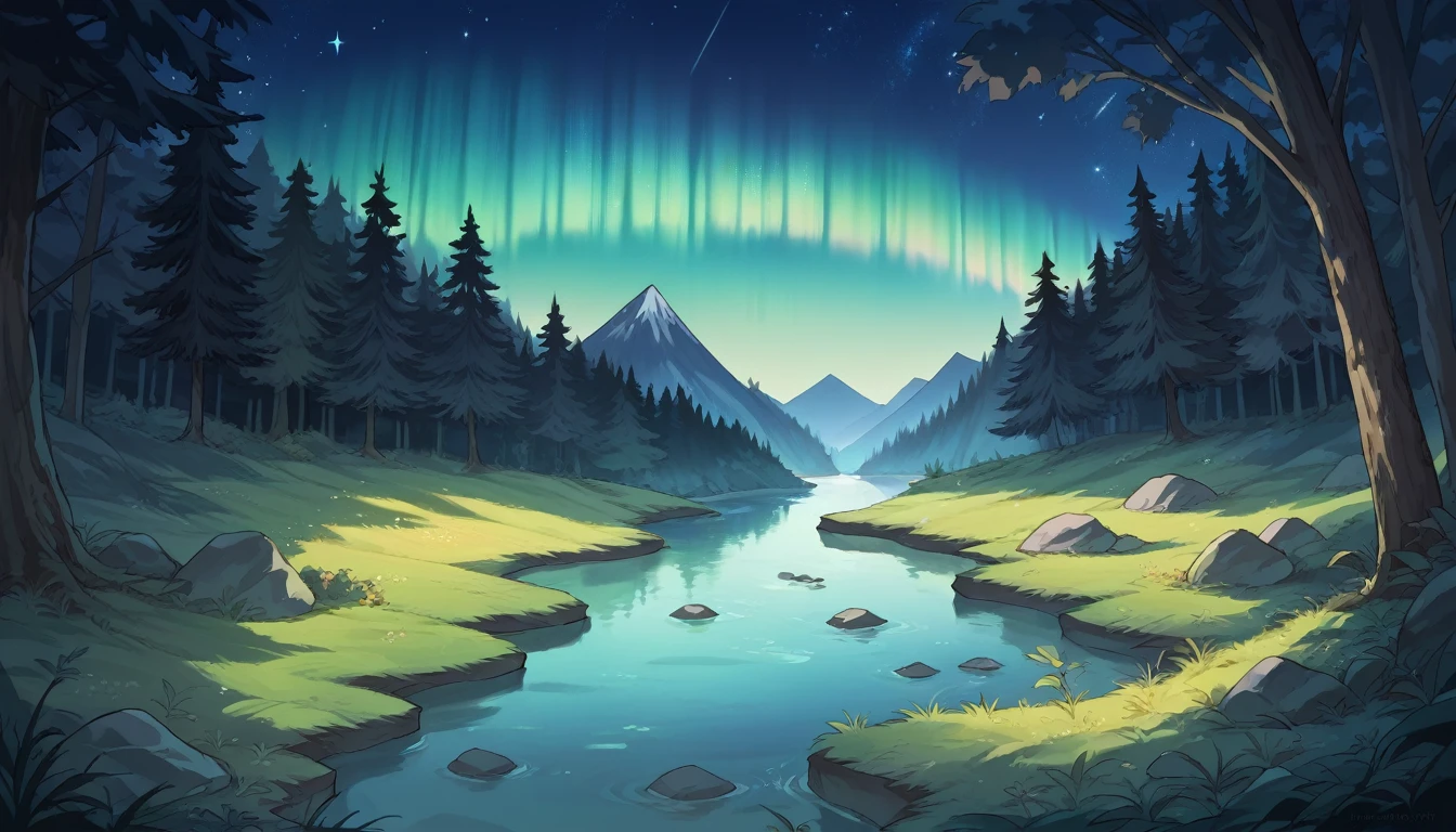 Starry sky and aurora night、Forest landscape with lake at night、Phenomenal、Highest quality