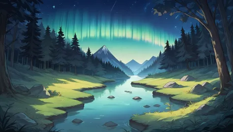 starry sky and aurora night、forest landscape with lake at night、phenomenal、highest quality