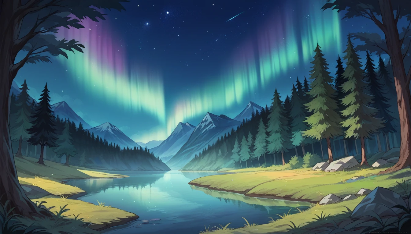 Starry sky and aurora night、Forest landscape with lake at night、Phenomenal、Highest quality