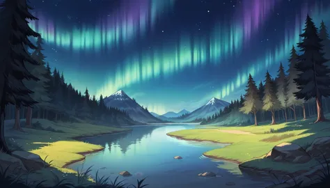 starry sky and aurora night、forest landscape with lake at night、phenomenal、highest quality