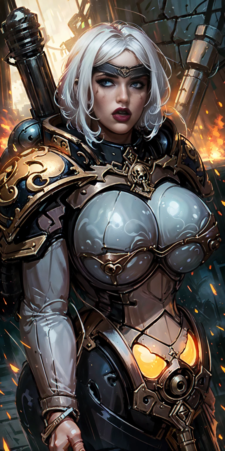 (masterpiece:1.2), (best quality:1.2), perfect eyes, perfect face, perfect lighting,(( inflatable sexdoll )) , mature bigbreastplate whore Sororitas with bolter gun in hands, blindfolded cover eyes, white hair, skulls on the ground, warhammer 40k, detailed battlefield background
