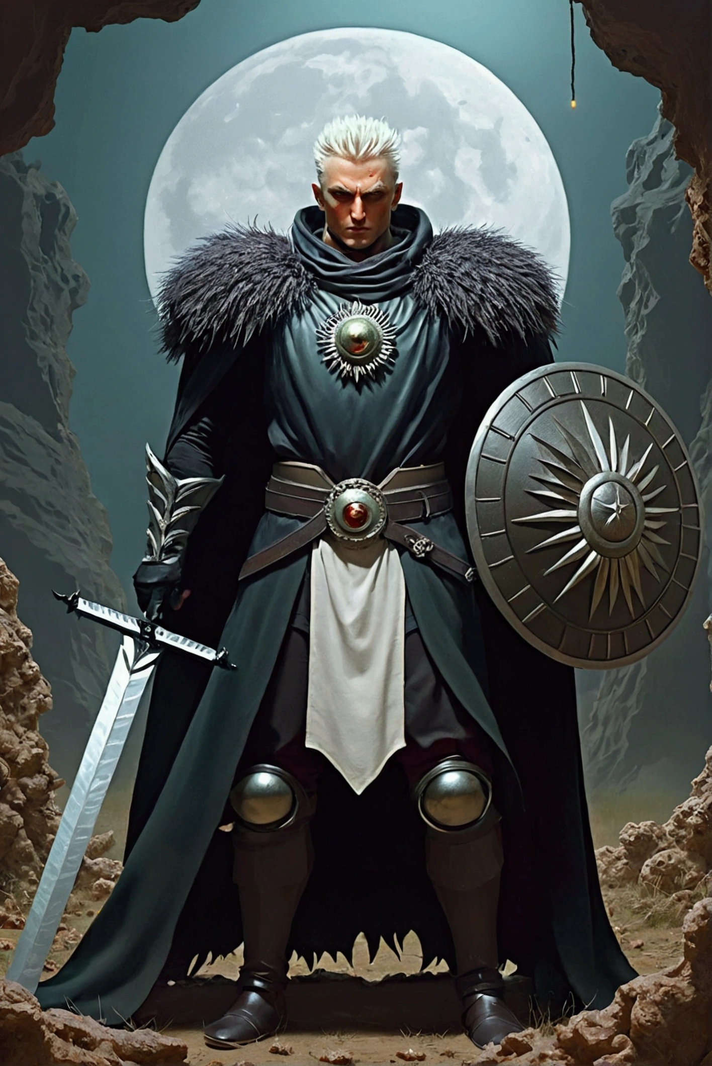 Tall man, with spiky white hair, with silver iris of the eyes, in a field with a reddish full moon, wearing a black Bruna with a black sun on the chest, with a large circular shield adored by a black sun and emanating a magical aura, using a long sword, fighting a lich