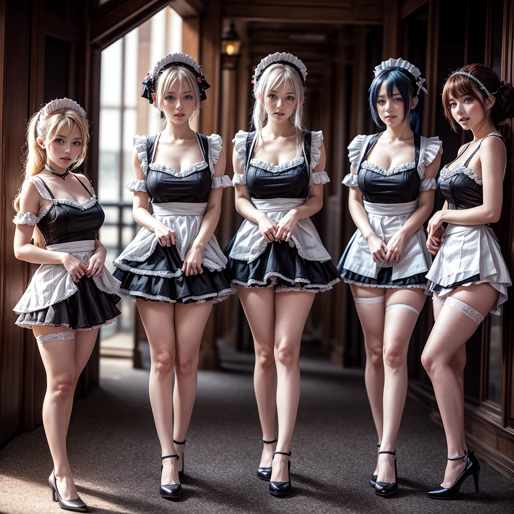 (Full Body of Extremely Detailed((Kawaii Maid Group in a row:1.37))), Cute perfect face, Reflective Eyes, Detailed(Delicate Clothing textures), Correct Leg Line, Dynamic Joyful Expressions LifeLike Rendering, Specular Reflection, TopQuality 8K Ultra-detailed masterpiece (ProfessionalPhoto:1.37), (Acutance:0.8), (Luminism:1.28), (Renaissance art style), Colorful Light particles, ((Full body from side)), {MicroMini Skirt|Kissing|Breast Lifting|Undressing|Thigh Gap|AssFocus}, Radiant Fine Skin with Transparency, (Exposed:0.5), (Different types of Anime hair color){Pink Hair|Blue Hair|Platinum Blonde|Pure White Hair|Liquid Hair}, Perfect Lighting