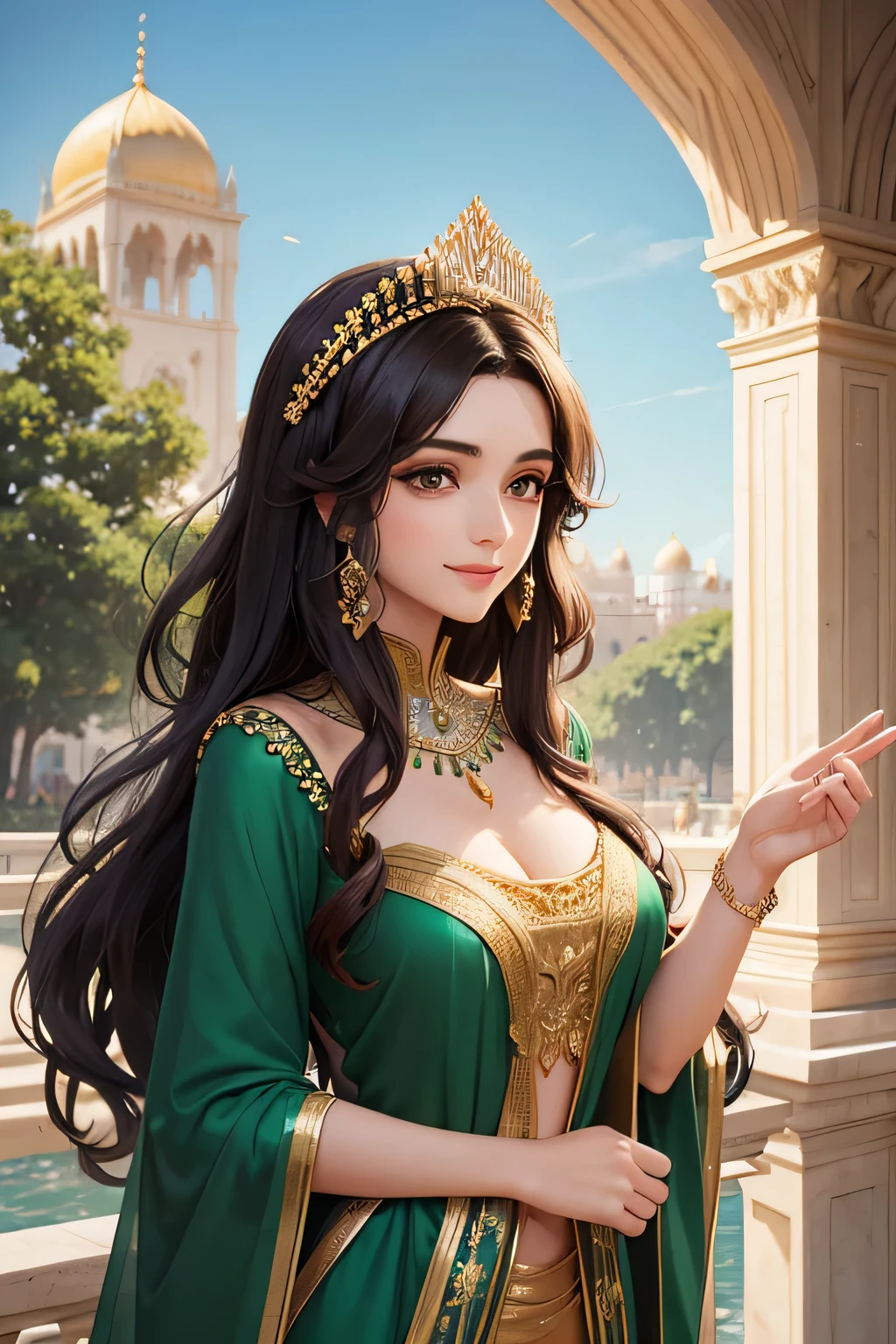 A gorgeous Middle Eastern princess with medium-length dark brown curly hair, wearing a richly decorated emerald green and gold gown, stands on a regal palace balcony. She smiles graciously and waves to the joyful crowd below. The sunlight highlights her warm skin tone and the shimmering details of her gown. Behind her, the palace's luxurious architecture and blooming gardens are visible.Upper body only