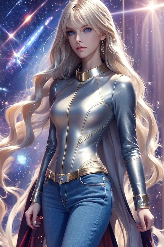 Anime style female character inspired by vintage space opera aesthetics, with elongated facial features, 165 cm tall, having blond, waist-length, wavy hair with V bangs, and blue eyes. She is wearing tight skinny jeans with high boots over them, adding an equestrian touch to her ensemble. The character's design reflects a blend of space opera elements and a realistic body proportion, highlighting her strong yet feminine presence.