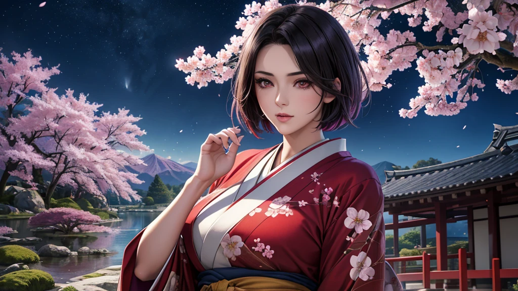 red eyes, (highest quality, masterpiece painting:1.3), immature woman, , (half body shot), masterpiece, ultra high resolution, (Photoreal:1.0), purple short hair,straight hair, beautiful shining hair, white and shining skin, ((Ultra realistic details)), octane rendering, highly detailed face, (big breasts:0.8), (make a heart with hands), Wearing a beautiful Japanese kimono, Kimono has colors and patterns, Hair flutters under the influence of the wind, Japanese garden with beautiful cherry blossoms at night, Mysterious night sky, Beautiful Landscapes, sharp focus, intricate details, professional artwork, (bright colors:1.1), bright colors, diffused lighting, digital blending, ultra-definition body, ultra detail hair, super detailed face, that&#39;It&#39;s trending on pixiv, top button open, Cute gaze, compensate, perfect lips, perfect compensate, Ultra-precision coating,  (light_smile:0.8), (Very embarrassed:1.2), blush your nose,