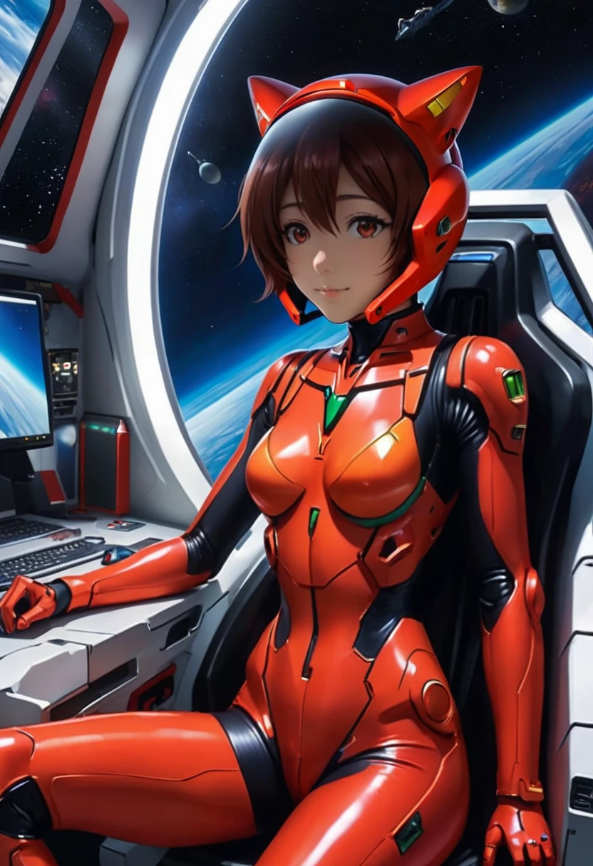 ( short hair, street, emo eyeliner, apocalypse, girl, nside the (cockpit) of a (futuristic spaceship:1.6), , blush,sitting on a chair, covered navel, space helmet, muvluv, eva helm, evangelion,, plugsuit , space helmet, eva helm,red bodysuit, short hair, upper body,,plugsuit, red bodysuit,evangelion,(red helmet:1.2), space helme, cat ears, smile, FROM SIDE,8k, Ultra-high resolution, Highest quality, masterpiece, Rule of thirds photograph,surreal, photograph, 1 Girl, (:1.3), pretty girl, Cute Face, Beautiful eyes in every detail, Detailed,masterpiece,One Girl:1.2,Japanese female