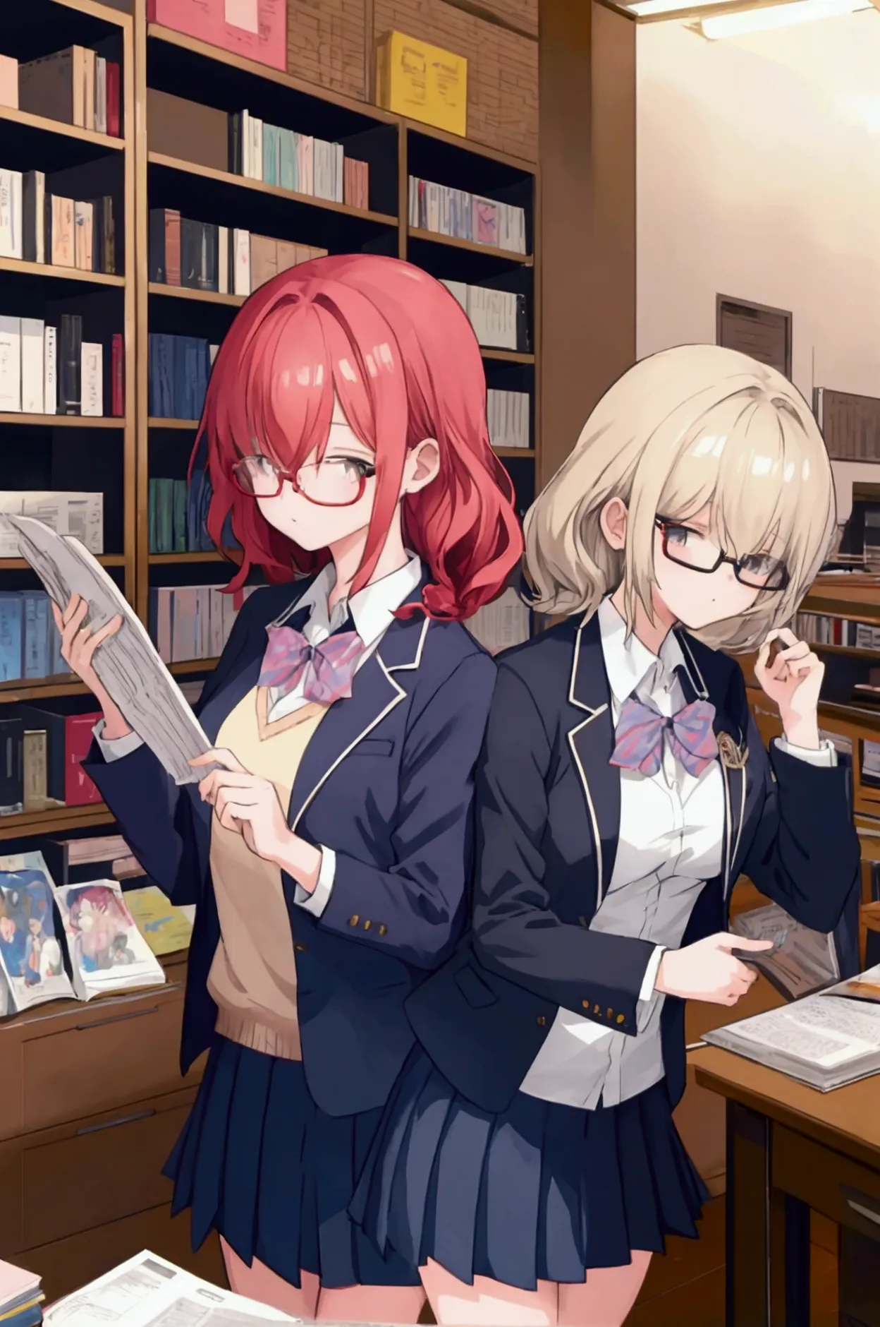 two girls, hair over eyes, glasses, nerd, anime, school library