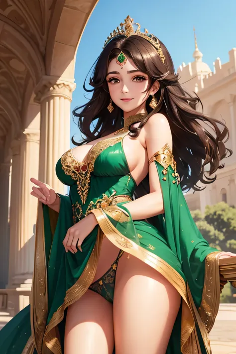 a gorgeous middle eastern princess with medium-length dark brown curly hair, wearing a richly decorated emerald green and gold g...