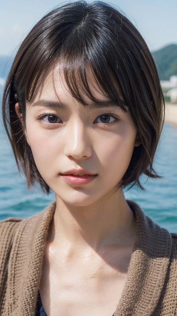 Model actress、One Woman、cool、Japanese and half European、Close-up of face、30 generation beauty、Realistic Skin、Seaside、short hair