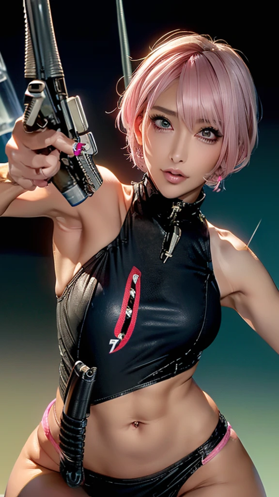 (Highest quality), Realistic, (live-action),(Short Hair,Sharp bangs)Showing off your crotch,Highest quality,Highest quality,8k images,Pink Hair,High heels,Small face,((Big Breasts))Leg spread、1 gun,(((Point the tip of your gun towards the camera:1.6))),Highest quality32K