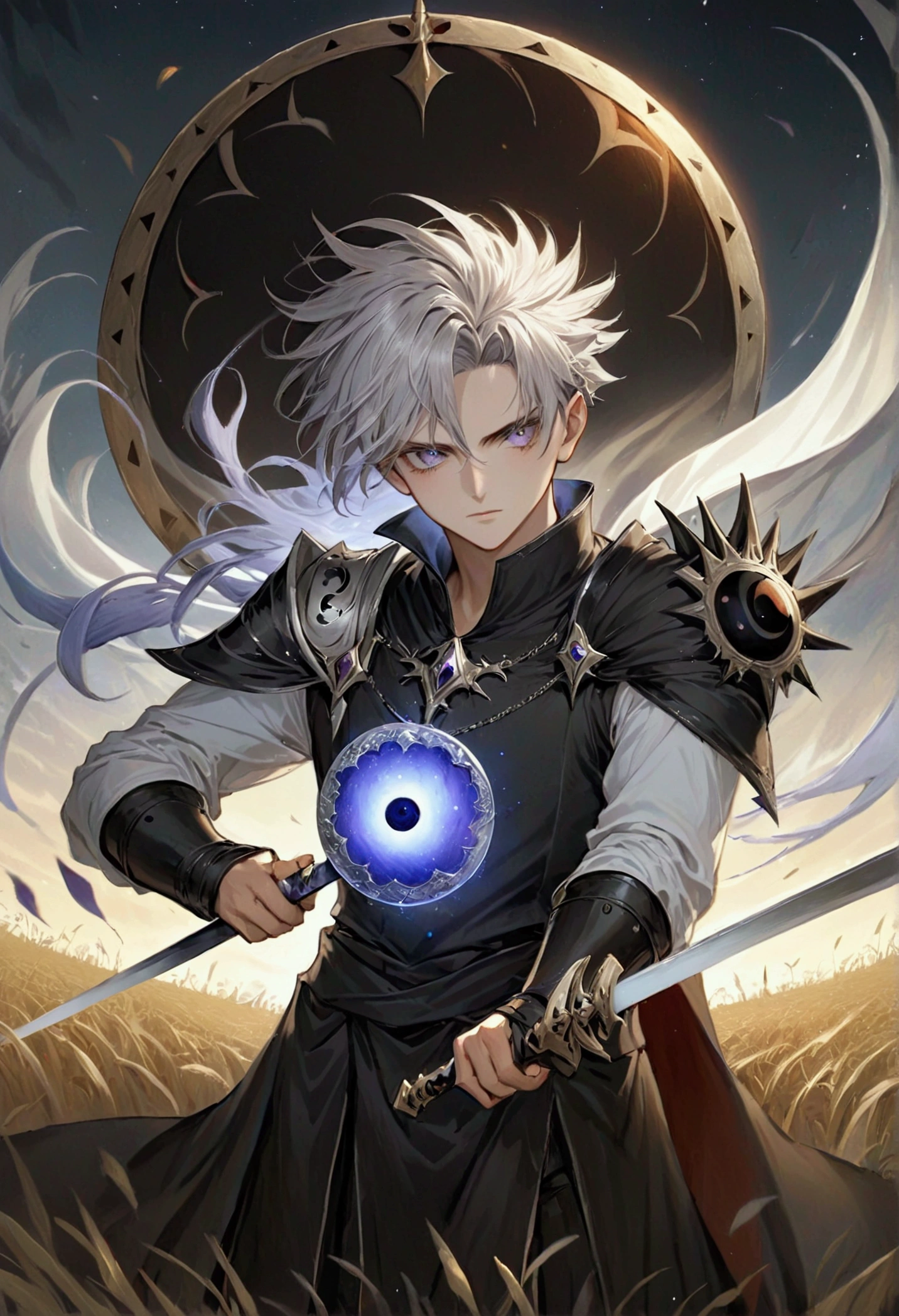 Tall young man, with white and spiky hair, with silver iris of the eyes, in a field with a reddish full moon, wearing a black medieval Brunea with a black sun on the chest, with a large circular shield adorned with a black sun and emanating a magical aura, using a long sword fighting fighting a lich