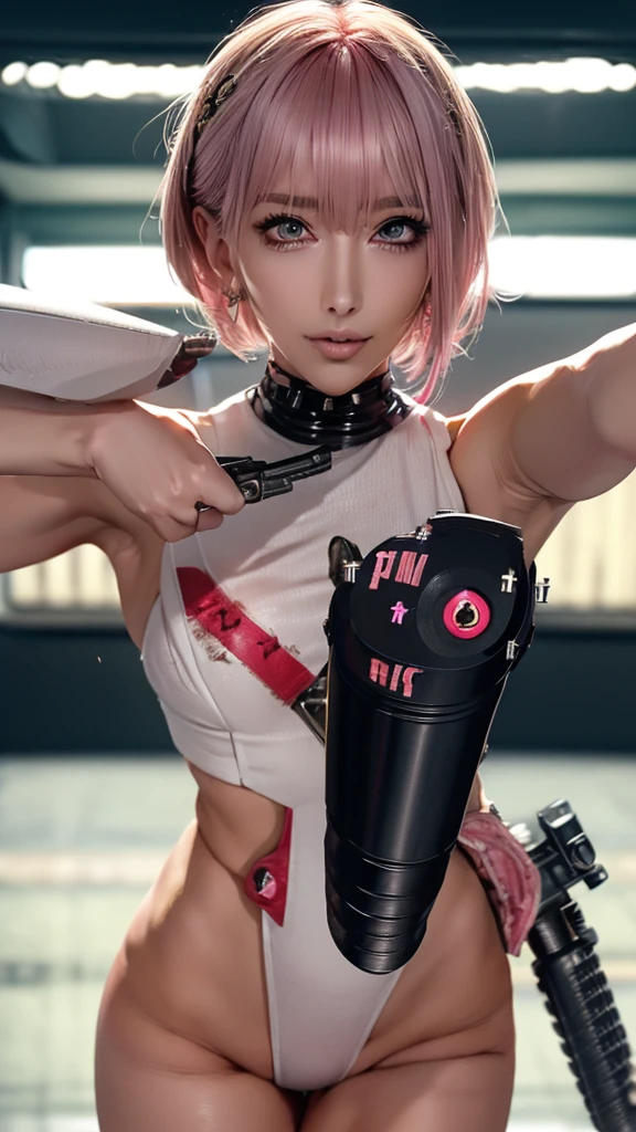 (Highest quality), Realistic, (live-action),(Short Hair,Sharp bangs)Highest quality,Highest quality,8k images,Pink Hair,High heels,Small face,((Big Breasts))Leg spread、1 gun,(((Point the tip of your gun towards the camera:1.6))),Highest quality32K