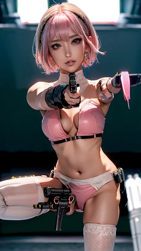 (highest quality), realistic, (live-action),(short hair,sharp bangs)highest quality,highest quality,8k images,pink hair,high hee...