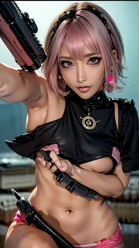 (highest quality), realistic, (live-action),(short hair,sharp bangs)highest quality,highest quality,8k images,pink hair,high hee...