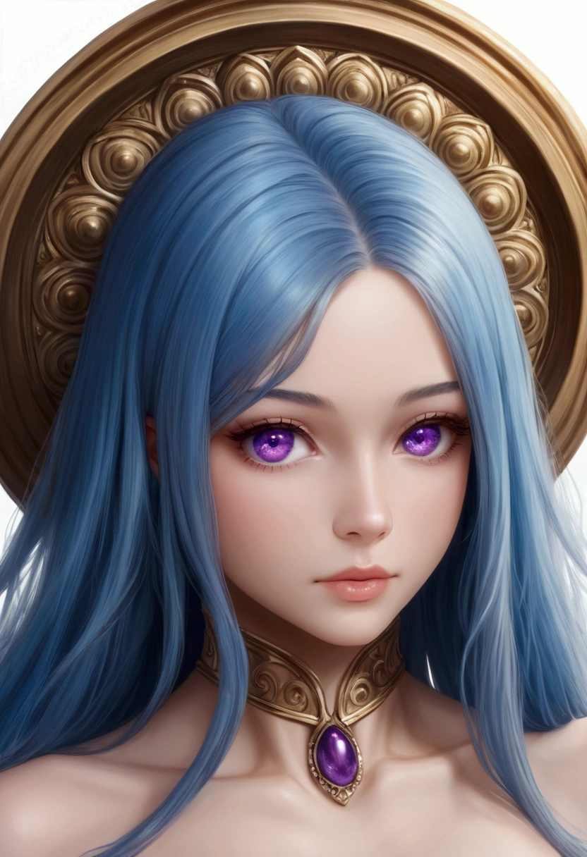 A young woman with long icy blue hair,purple eyes, slender and athletic built, detailed body, detailed eyes, masterpiece, best quality, aesthetic