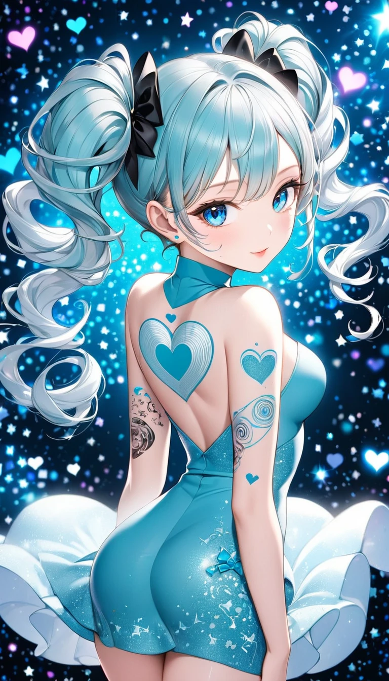 looking back, cute woman, fluffy spiral curl twin tails, blue eyes, attractive and seductive face, make-up, covered in tattoos, wearing tight-fitting knit dress, superlative body proportion, background Tiffany Blue, notes effects, star effects, heart effects, glitter effects, 2.5D, delicate and dynamic, graphic CG digital art