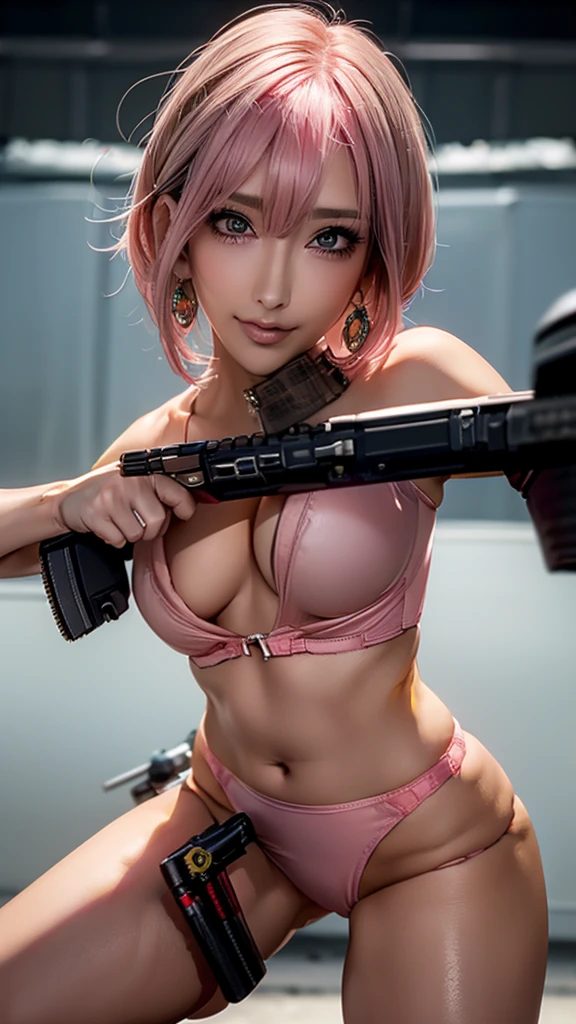 (Highest quality), Realistic, (live-action),(Short Hair,Sharp bangs)Highest quality,Highest quality,8k images,Pink Hair,High heels,Small face,((Big Breasts))Leg spread、1 gun,(((Put a gun between your breasts:1.6))),Highest quality32K(In combat)