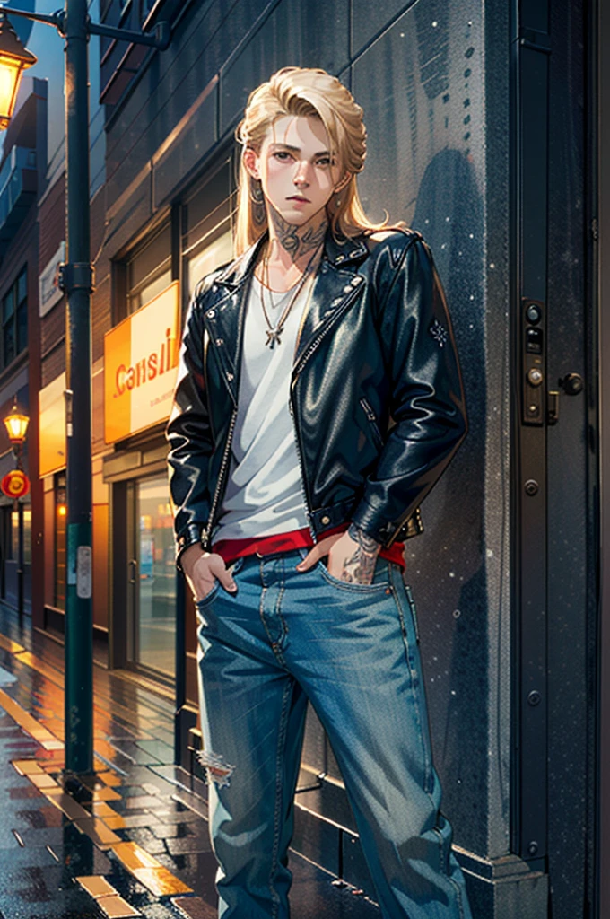 ((ultra detailed, masterpiece, best quality))
 REVChris, 1boy, solo, long blond hair, Under the glow of a streetlamp, fitted leather jacket, casual yet stylish, a glimpse of tattoos visible, hands in pockets with a nonchalant pose