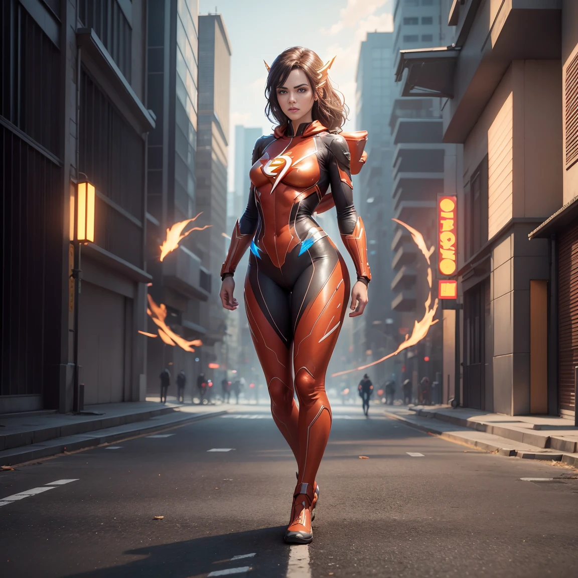 1 women in Flash costumes, defined body, High Definition Camera, 8k image, big-ass((photo by full body, standing, Feet on the ground)), photorrealistic, octane rendering, engine unreal, ultra-realistic