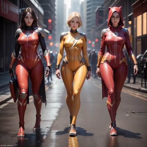 1 women in flash costumes, defined body, high definition camera, 8k image, big-ass((photo by full body, standing, feet on the gr...