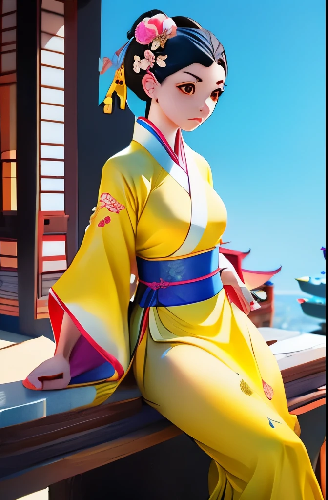 araffe femme dans un kimono jaune assise sur un rebord, palais ， une fille en hanfu, style anime 3D réaliste, oeuvre d&#39;art dans le style de guweiz, belle peinture de personnage, Anime 3D réaliste, tendance sur cgstation, style anime 3D, Porter des vêtements chinois anciens, Chinoise, artgerm et atey ghailan