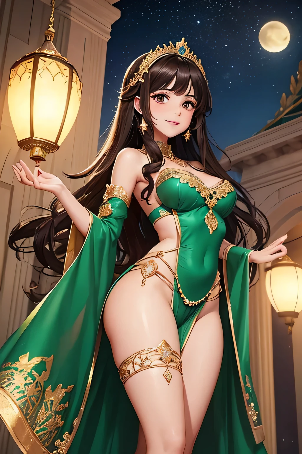 A gorgeous Middle Eastern princess with medium-length dark brown curly hair, wearing a richly decorated emerald green and gold gown, stands on a regal palace balcony under the clear, star-filled night sky. She smiles graciously and waves to the joyful crowd below. The moonlight and soft lanterns cast a warm glow on her figure, highlighting her warm skin tone and the shimmering details of her gown. The palace is elegantly illuminated, creating an enchanting atmosphere.Upper body only,(((Panty shot)))