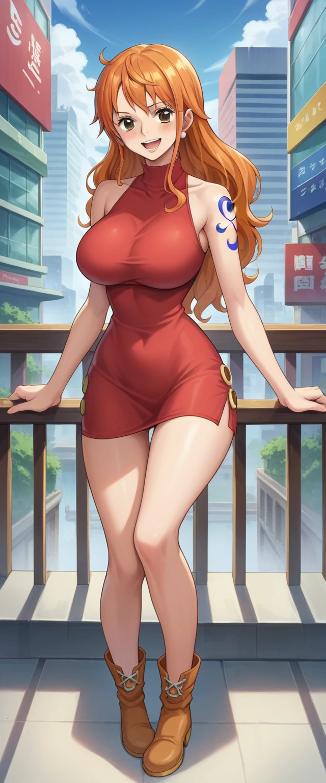 score_9, score_8_up, score_7_up, score_6_up, score_5_up, score_4_up, BREAK source_anime, masterpiece, best quality, ultra-detailed, higres, POV, 1girl, solo, nami_post, orange hair, long hair, wavy hair, side locks, brown eyes, beautiful and perfect face, pretty face, detailed eyes, detailed eyelashes, full-face blush, smile open mouth, looking at viewer, red turtleneck mini dress, sleeveless, anime artwork, city, outdoor, standing, large breasts, wide hips, curvy, standing, wearing ankle boots, full body