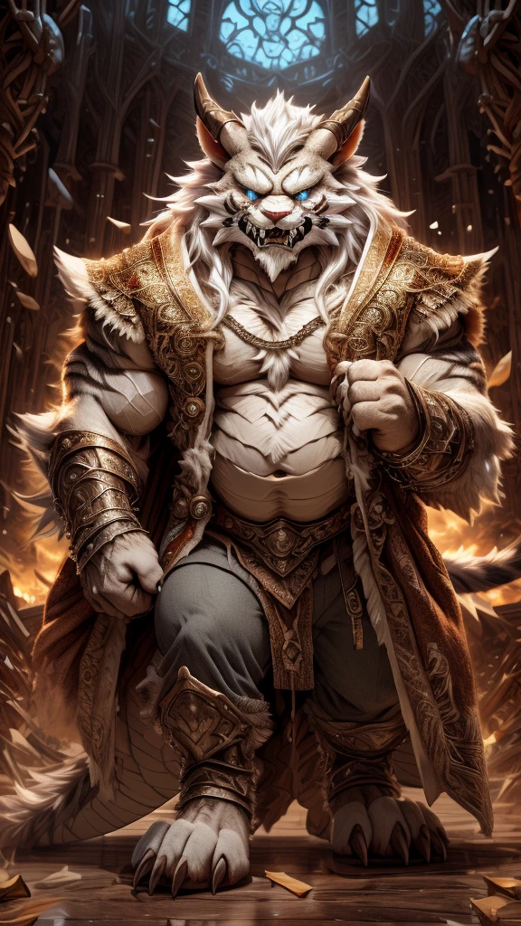 head、Animal cat face、A pair of dragon horns，Full body of fluffy white hair、Heavy breathing、Fluffy belly、Strong body，Wearing imperial robes，Wearing fancy clothes, Detailed fan art，anger，在石head上眺望远方，pant，Sweat，White Teeth，is heavily injured，He had a scar on his face.，feet focus background battlefield general，wildcat、blue eyes，(contour）Full body covered with long white hair、Hairy body、Sharp claws、cover，HD，cover